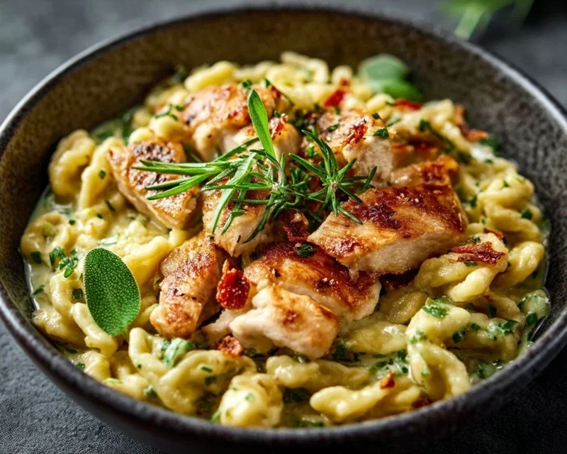Spaetzle Pfanne Mit Haehnchen In Baerlauchrahm