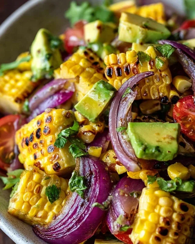 Charred Corn Avocado Salad with Roasted Red Onions