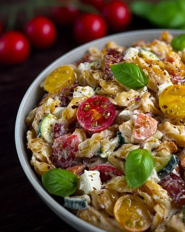 Crispy Pasta Salat mit Feta & Gemüse