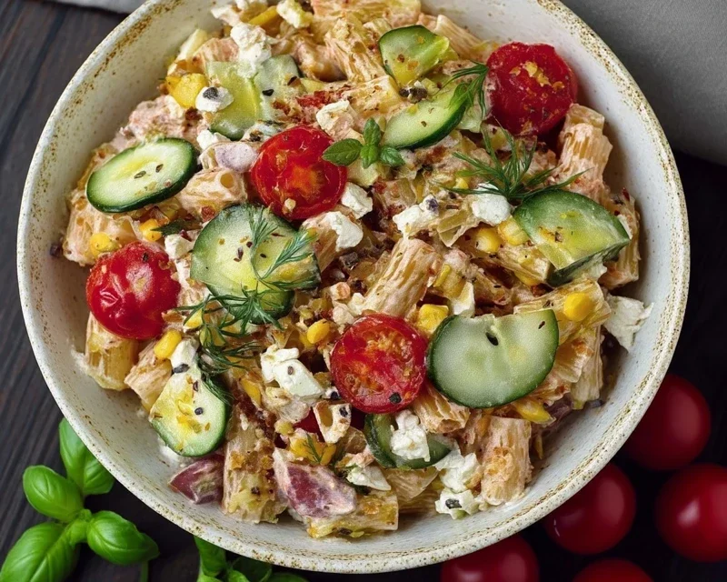 Crispy Pasta Salat mit Feta & Gemüse