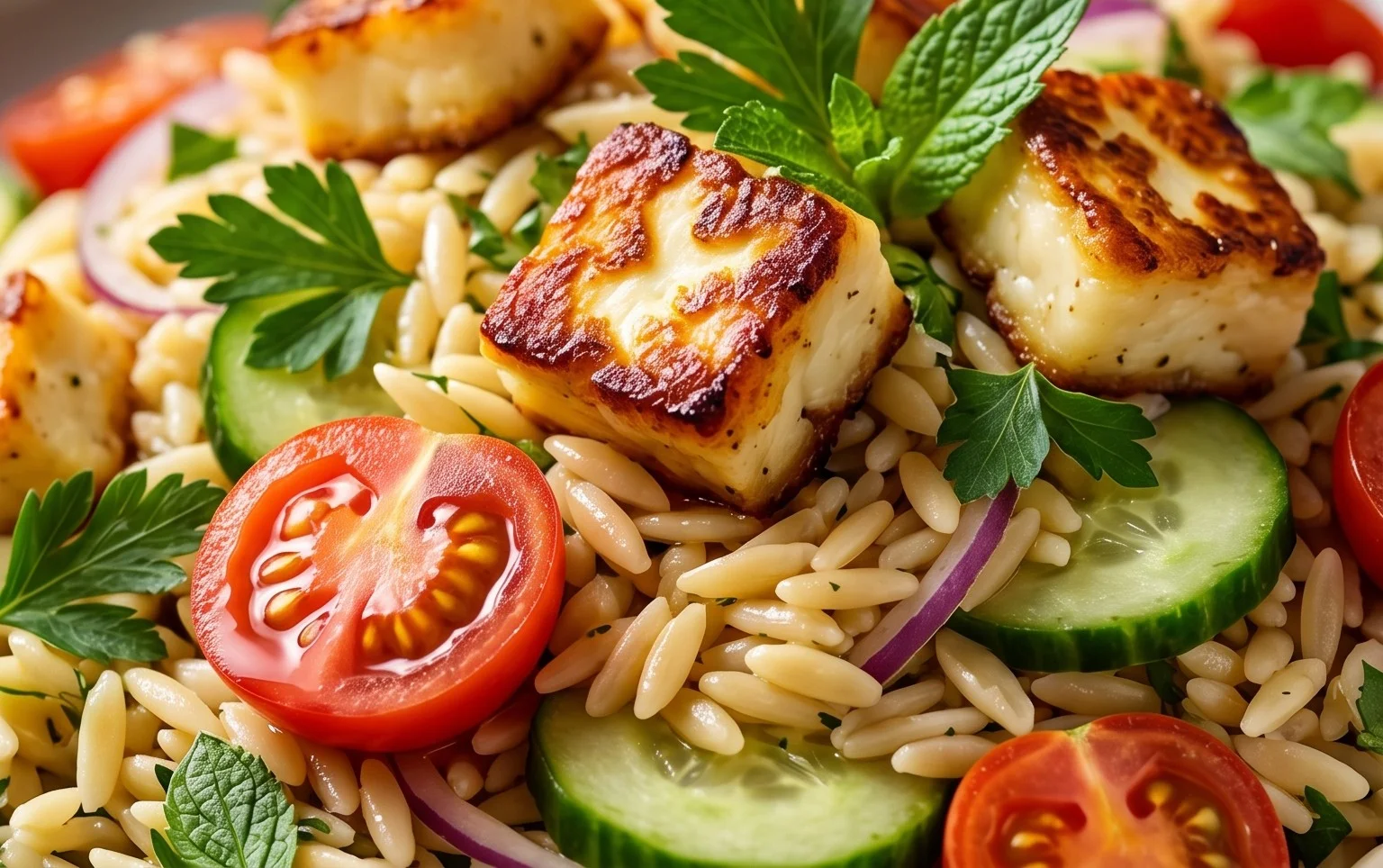 Kritharaki-Salat mit Halloumi-Croutons