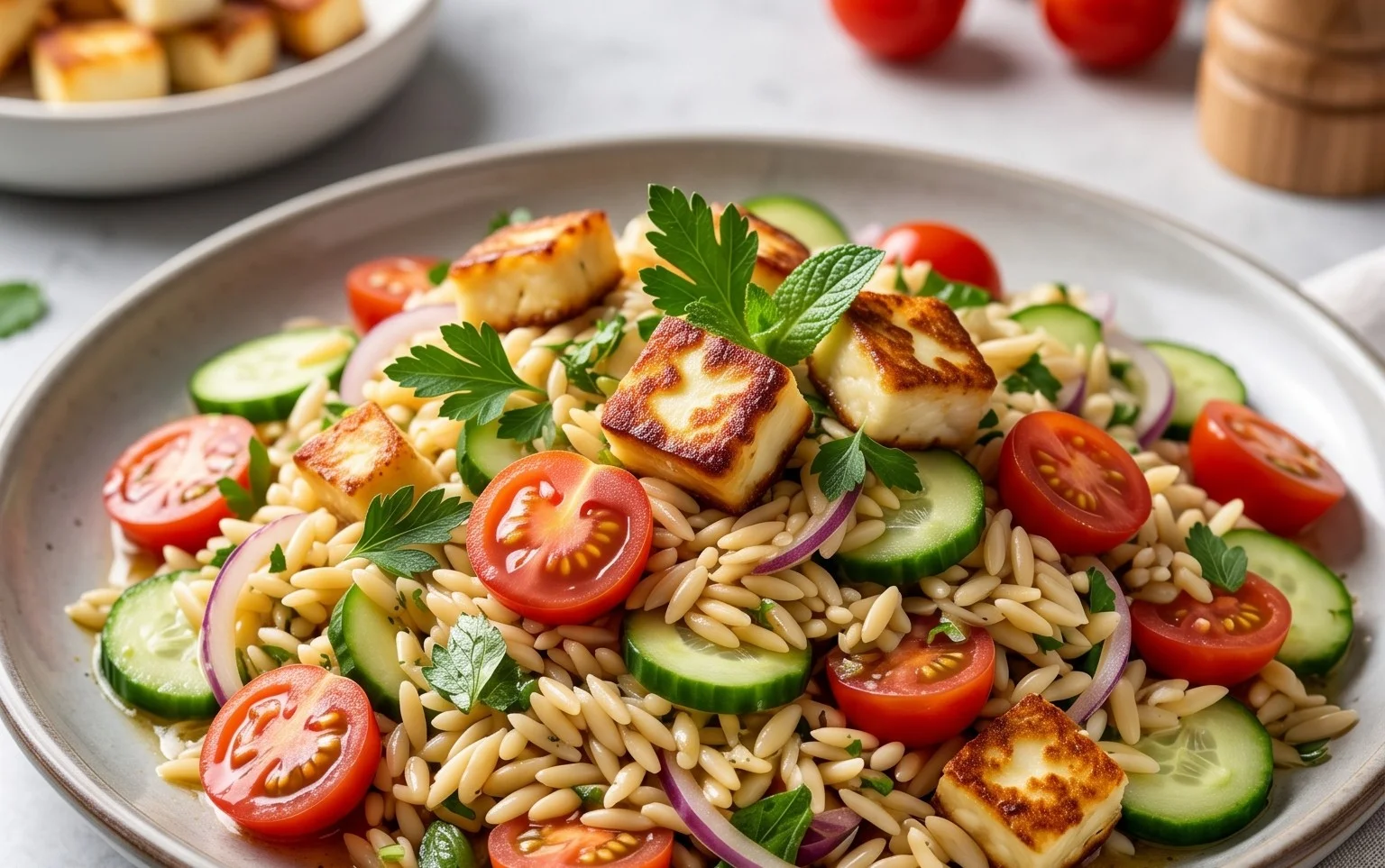 Kritharaki-Salat mit Halloumi-Croutons