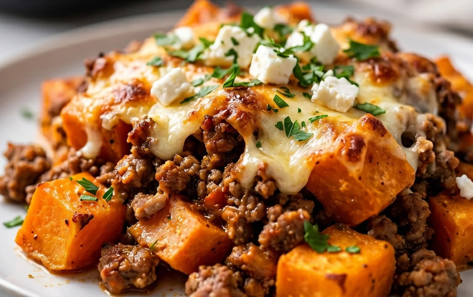 Süßkartoffel-Hackfleisch-Auflauf mit Feta