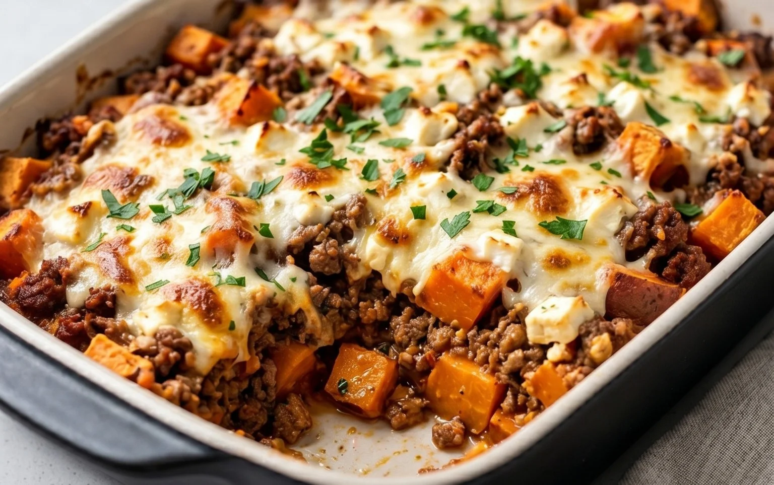 Süßkartoffel-Hackfleisch-Auflauf mit Feta