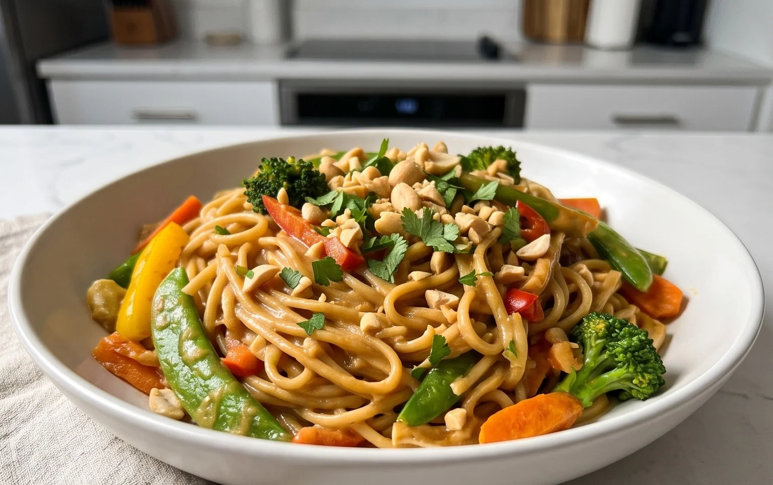 Mie Nudeln mit Erdnusssauce und Gemüse