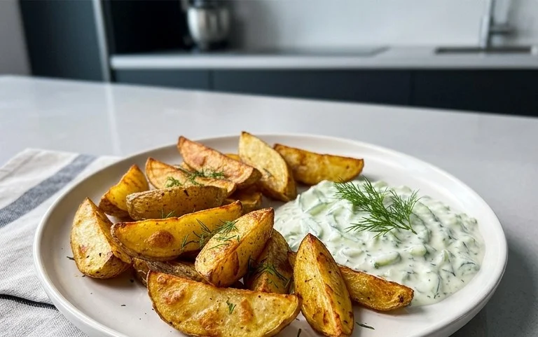 Kartoffelspalten mit Gurkendip