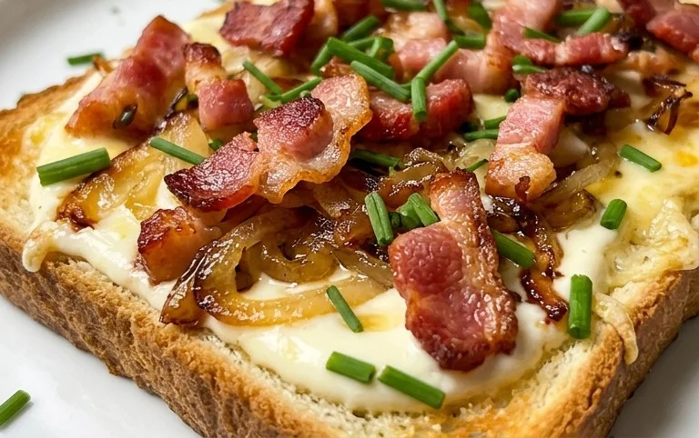 Flammkuchen Toast mit Speck und Zwiebeln