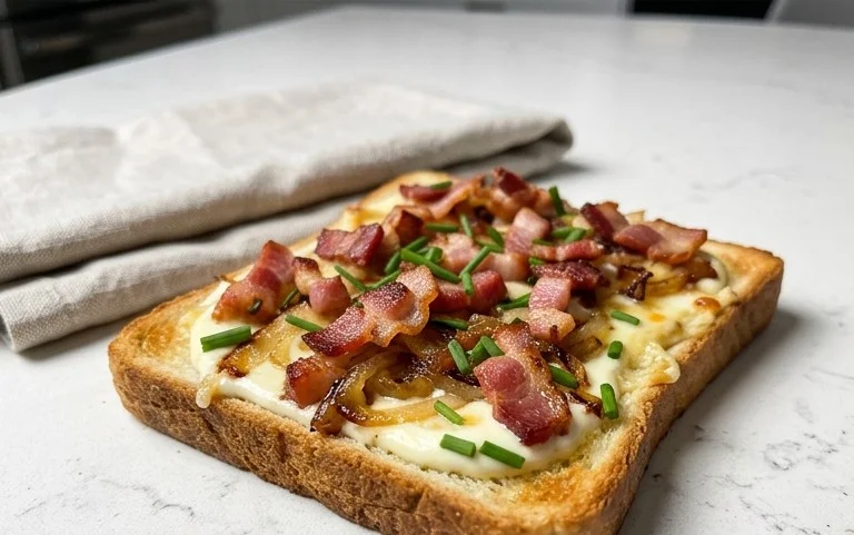 Flammkuchen Toast mit Speck und Zwiebeln
