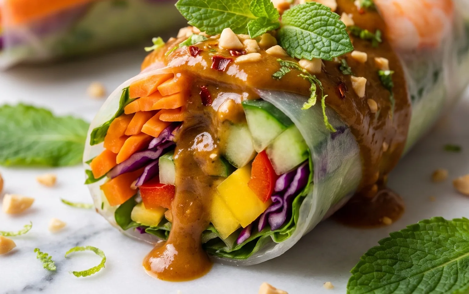 Rainbow Spring Rolls with Gin Extractger Peanut Sauce