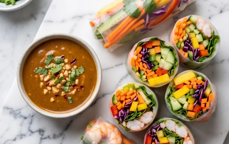 Rainbow Spring Rolls with Gin Extractger Peanut Sauce