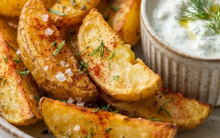 Kartoffelspalten mit Gurkendip