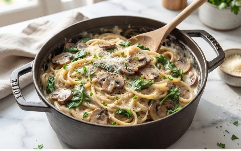 One-Pot Garlic Parmesan Pasta with Spinach and Mushrooms