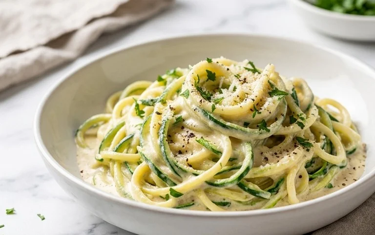 Zucchini-Spaghetti in cremiger Sauce– Zoodles