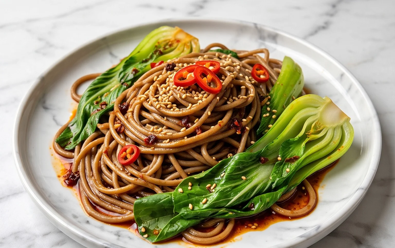 Spicy Garlic Soba Noodles with Bok Choy