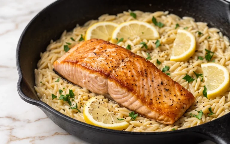 One Skillet Salmon with Lemon Orzo