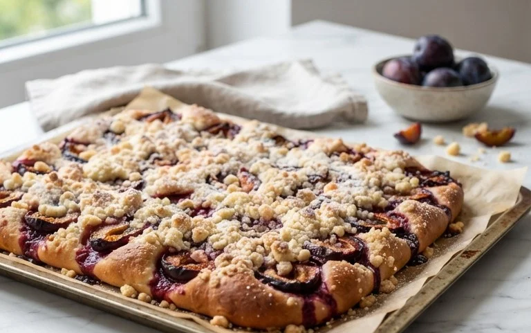 Rezept für Streusel-Pflaumenkuchen vom Blech mit Hefeteig